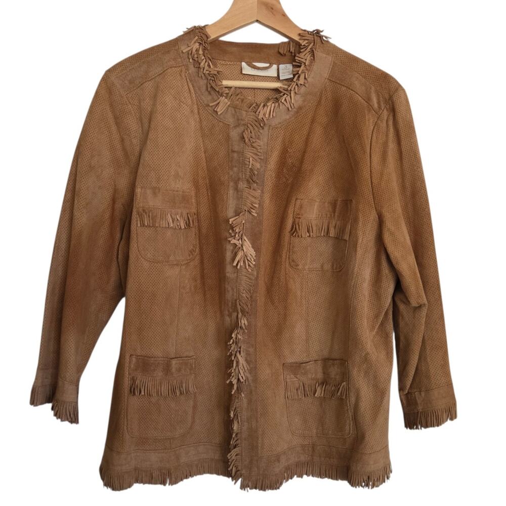 Chico's Distressed Fringe Leather Shacket Shirt Jacket 3/4 Sleeve Sz 3 or XL